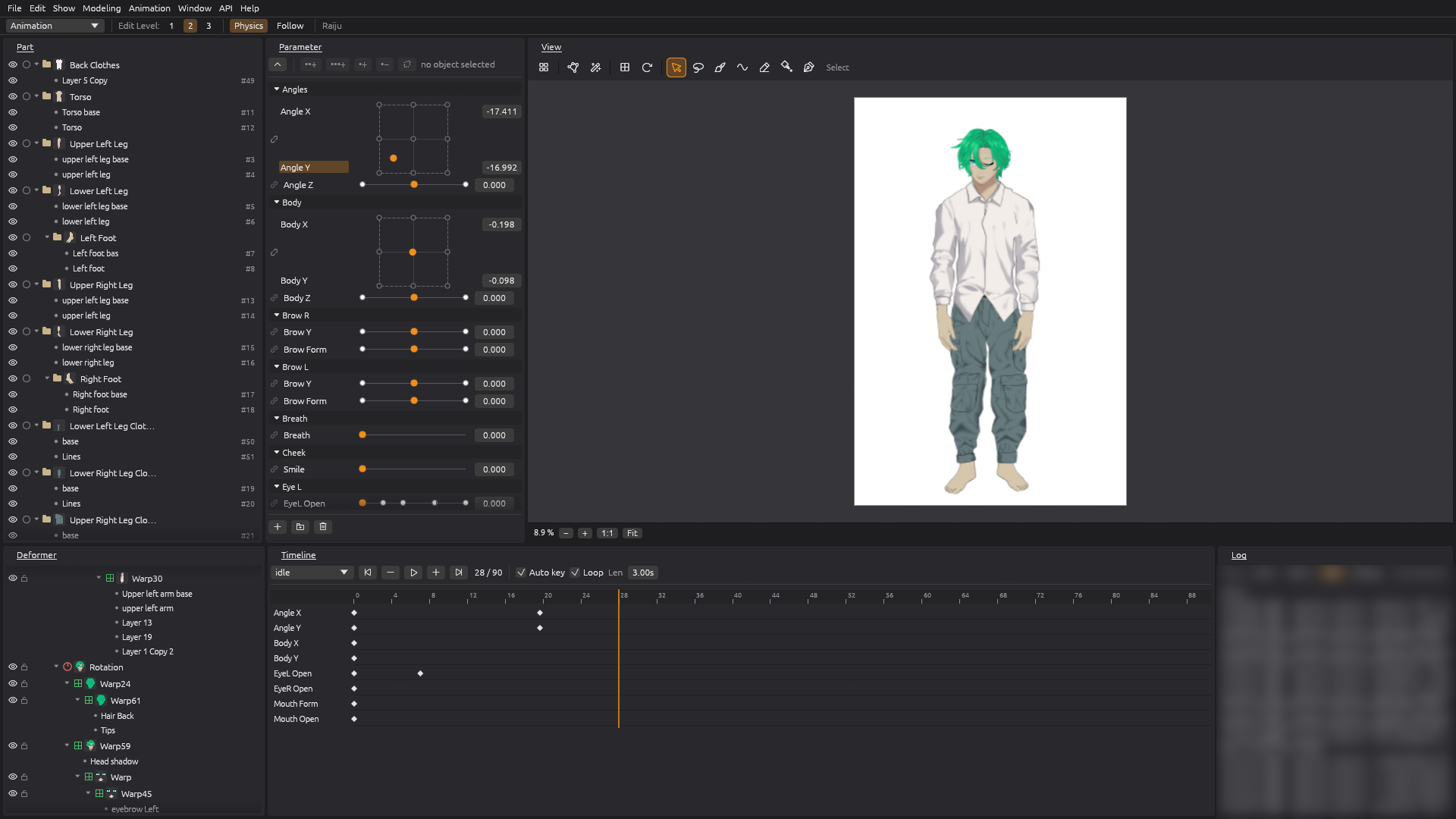 The Animation workspace: a scene's keys on the timeline and the posed model