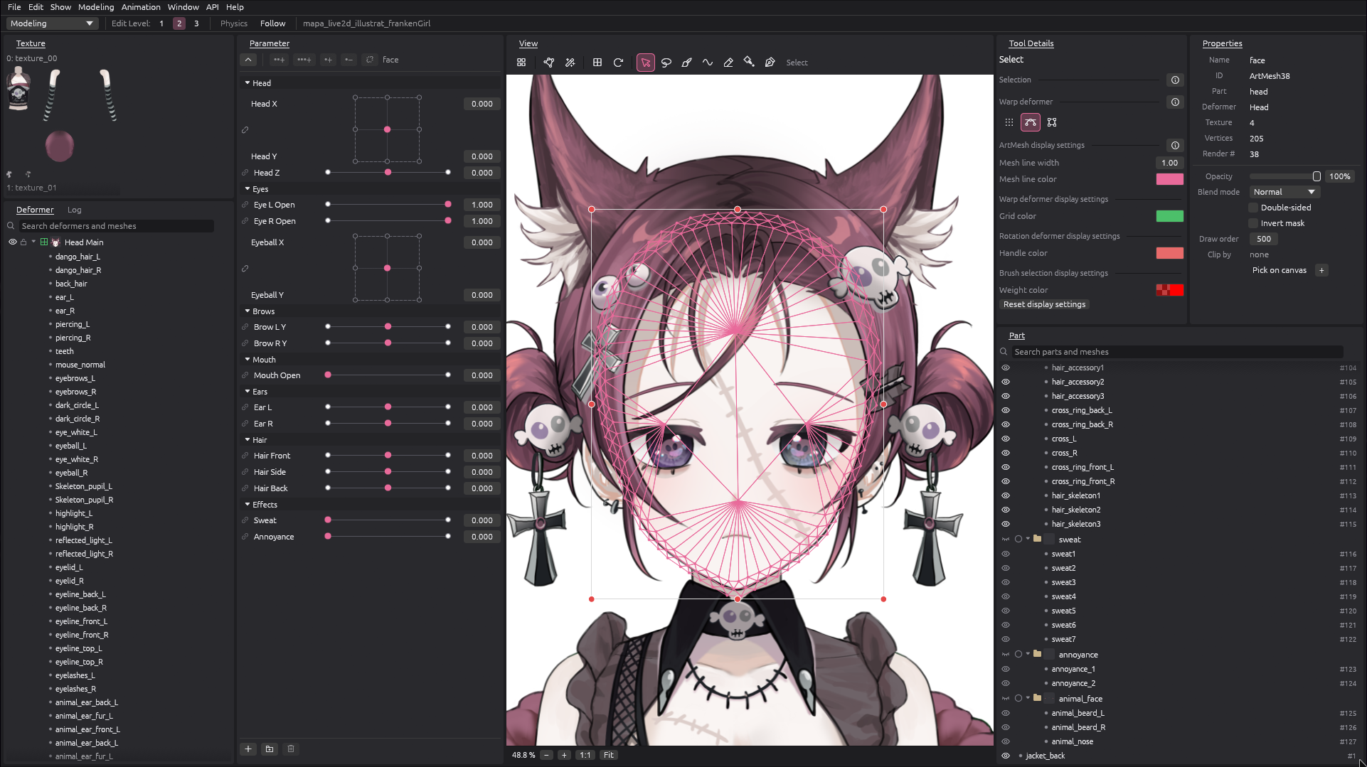 The Ayatsuri2D editor with a rigged model: the face mesh under a warp deformer, parameter folders with 2D pads, the deformer tree and parts